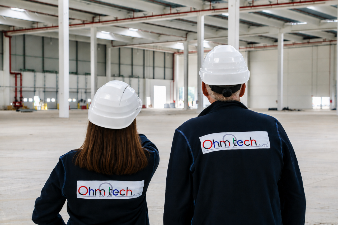 Due tecnici Ohm tech con elmetto in un capannone industriale