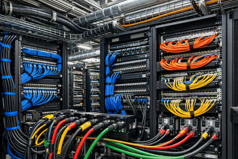 Armadio rack con cablaggio strutturato ordinato in un impianto elettrico progettato da Ohm tech